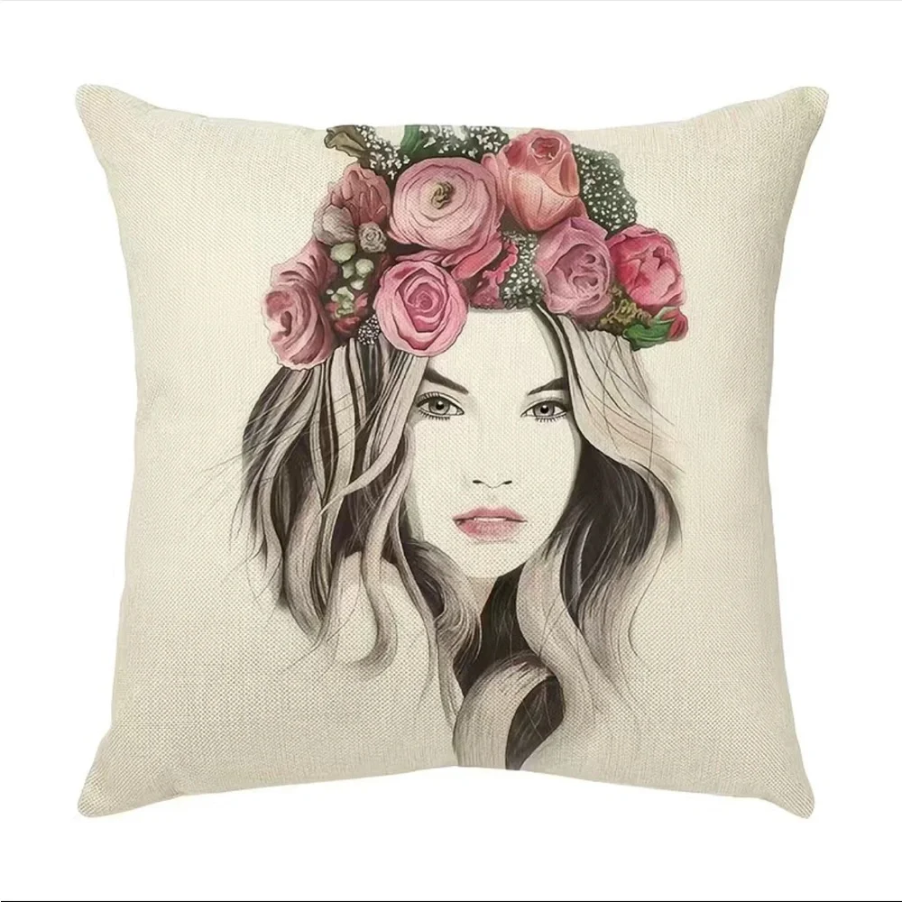 1pc Fashion Girl Pillow Cover, Flower Accessories Linen Blend Cushion Cover Sing